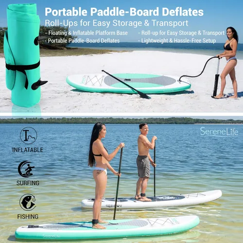 Vista 4 de SereneLife Tabla de remo inflable de pie, diseño amplio y estable, cubierta antideslizante para adultos y jóvenes con accesorios de tabla de remo
