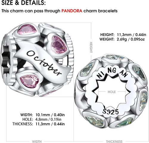 Vista 3 de Abalorio de plata de ley 925 con piedra natal de Ningan abalorio de corazón para pulseras y collares regalo de cumpleaños para mujeres y niñas