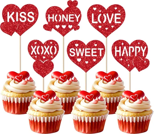 Vista 34 de Paquete de 24 adornos para cupcakes con purpurina en forma de corazón con temática de amor dulce, decoración de pasteles para el día de San