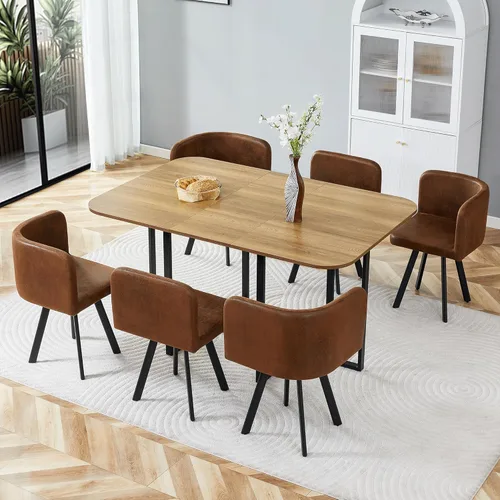 Vista 11 de Dining Table Set for 6, 60" Faux Marble and Wood Kitchen Table with 6 PU Leather Chairs,Modern Retangular Dining Table Set for Kitchen,Living Room