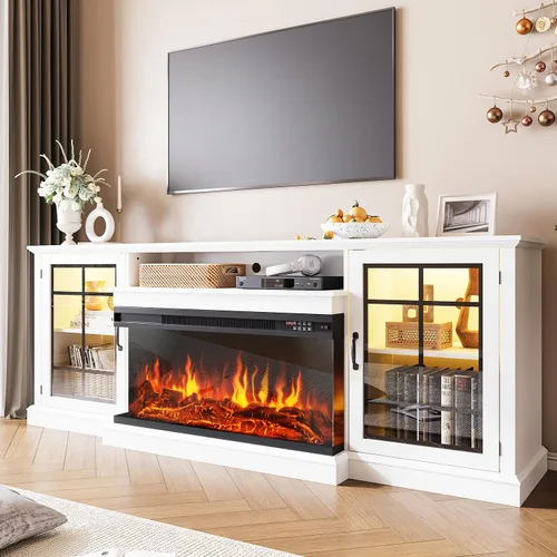 Vista 17 de Soporte de TV con Chimenea de 59'', Centro de Entretenimiento de Medios con Vidrio de 3 Lados, Mesa Consola para TVs hasta 65'' con Puerta