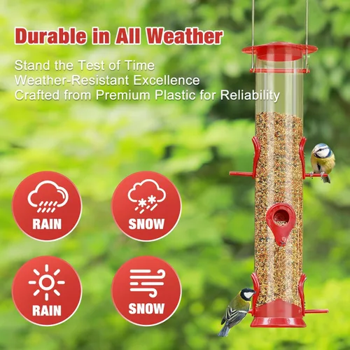 Vista 6 de ERYTLLY Pack de 2 comederos para pájaros para exteriores, colgantes con 6 puertos de alimentación, tubo sólido extra grueso transparente, resistente