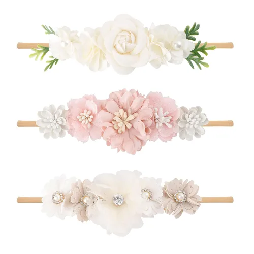 Vista 12 de Diadema floral de nailon para bebé, corona de flores, banda elástica para el cabello, 3 piezas, accesorios para el cabello, regalo para niñas, 2#