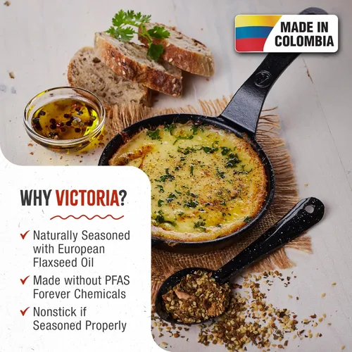 Vista 2 de Victoria Sartén de hierro fundido de 4 pulgadas, sartén de hierro fundido pre-sazonado con mango largo, fabricado en Colombia