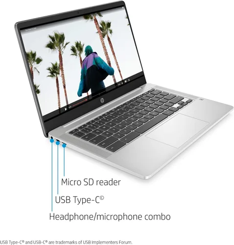 Vista 2 de HP 14 Chromebook 2020 - Computadora portátil insignia de 14 pulgadas, pantalla HD SVA antirreflejo, procesador Intel Celeron N5000, 4 GB, DDR4, 64