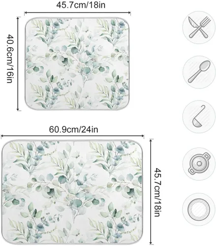 Vista 3 de Tapete de secado de platos con hojas verdes para encimera de cocina, planta de hierba, tapetes de secado blancos, super absorbentes, reversibles