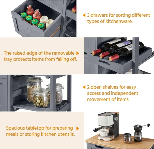 Vista 6 de Yaheetech Carrito de Isla de Cocina con Ruedas, Carrito de Almacenamiento Rodante con Encimera de Bambú, 3 Cajones, 3 Estantes Extraíbles y Ruedas