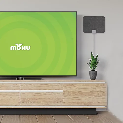 Vista 2 de Mohu Leaf Stitch Amplified - Antena de TV plana para interiores, alcance de 60 millas, amplificador Jolt Switch Amp, UHF VHF, multidireccional, 4K