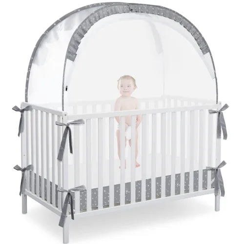 Vista 16 de L RUNNZER Tienda de campaña de seguridad para cuna, toldo desplegable para cuna para evitar que el bebé salga, mosquitera con marco resistente
