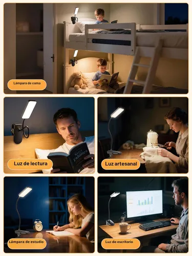 Vista 6 de Luz con clip, 9 niveles de brillo + 5 colores, lámpara de escritorio recargable, luces con batería de 4000mAh, lámpara de escritorio LED de 450
