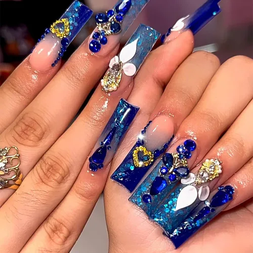 Vista 19 de RTKHFZE Uñas de Presión Francesas Uñas Postizas de Presión Largas Cuadradas con Dijes Diseños de Mariposas 3D y Diamantes de Imitación Uñas