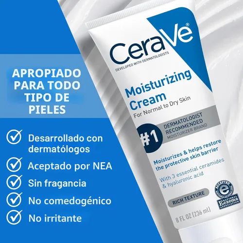 Vista 5 de CeraVe, crema hidratante, hidratante facial y corporal, piel normal a seca, 8 onzas líquidas