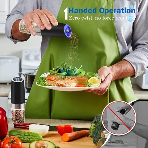 Vista 6 de Gravity - Juego de molinillo eléctrico de sal y pimienta, funciona con pilas, luz LED con una sola mano, molinillos de grosor ajustable, agitadores