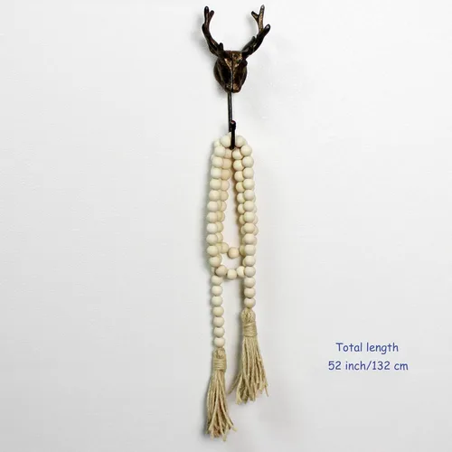 Vista 6 de CVHOMEDECO. Guirnalda de cuentas de madera con borlas, estilo rústico de granja, cadena de cuentas de oración para colgar en la pared, acento