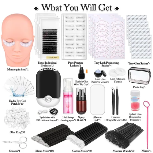 Vista 2 de Kit profesional de 404 suministros para extensiones de pestañas con racimos de pestañas, abanico de pestañas, pegamento de extensión, removedor