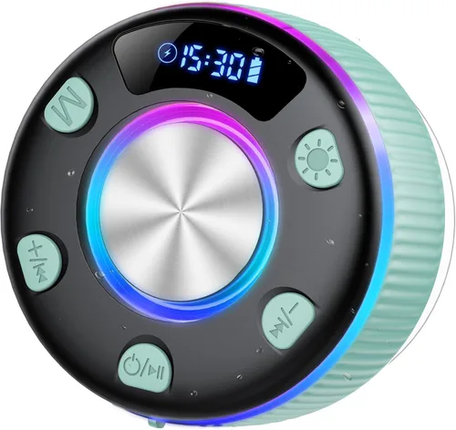 Vista 12 de Bluetooth Shower Speaker, IP7 Waterproof Portable Bluetooth 5.3 Speakers with Suction Cup, Mini Wireless Speaker with RGB Lights Time Display, Loud