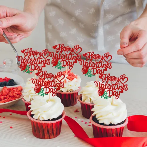 Vista 5 de 24 piezas de decoración para cupcakes para el día de San Valentín con purpurina, rosa, dulce amor, corazón, Be My Valentine para cupcakes temáticos
