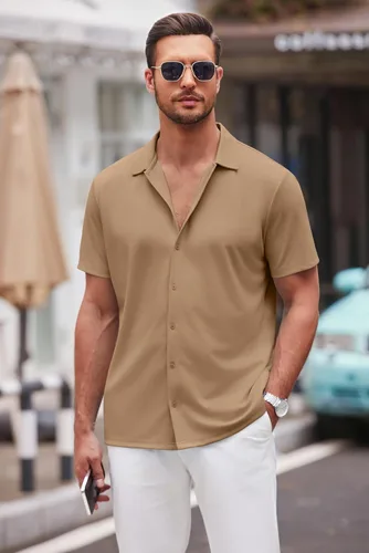 Vista 89 de COOFANDY Camisa casual con botones para hombre, manga corta, sin arrugas, camisa de verano
