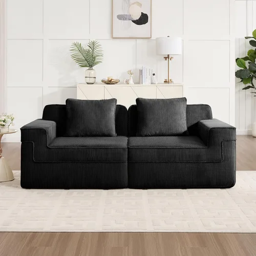 Vista 4 de Modular Loveseat Boneless Sofa, Cloud Sectional Couch with Deep Seat, Modern Modular Sofa Couch with Throw Pillows Corduroy Fabric, 2-Seat Sectional