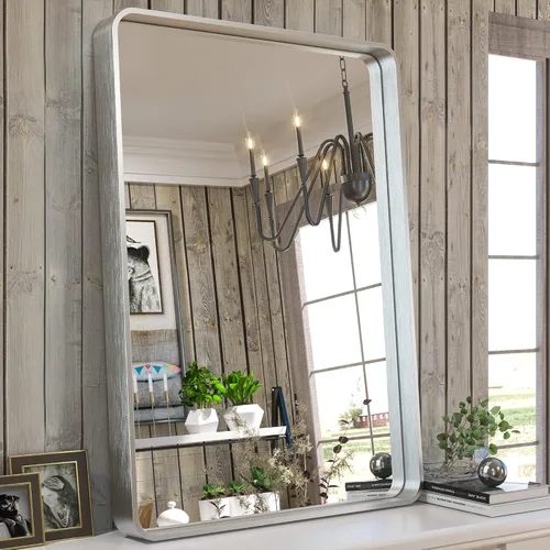Vista 50 de TETOTE Espejo de marco dorado cepillado de 16 x 24 pulgadas, espejo de tocador de baño de latón dorado para pared, espejo enmarcado rectangular