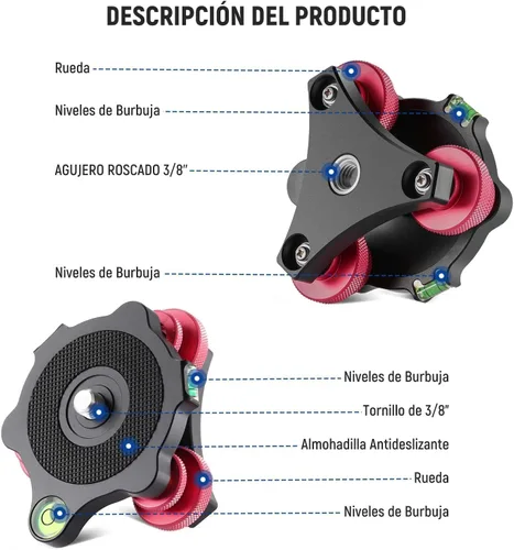 Vista 6 de NEEWER Nivelador de cámara con base de nivelación de cabeza de trípode, aleación de aluminio de grado aeronáutico de 3 ejes, rosca de 3/8 pulgadas