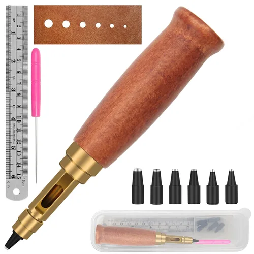Vista 7 de Boyistar - Perforador de tornillo japonés, con mango de madera, herramienta ajustable de cuero para cinturones, correa de reloj, bolsos con 6