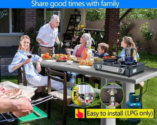 Vista 2 de Horynar Estufa de propano de 2 quemadores, estufa de gas de encendido automático, 26000 BTU de vidrio templado, quemador de propano GLP con manguera