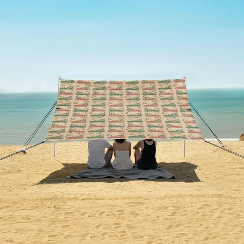 Vista 5 de Foldable Beach Cabana UPF50 Lightweight Sun Shelter with Sand Shovel for Camping, Fishing, Backyard Fun, Christmas Beige Vintage Trucks Trees