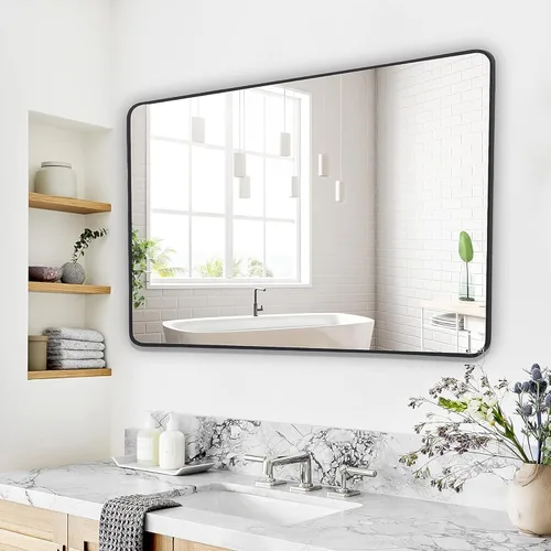 Vista 6 de Espejo de pared rectangular con marco de metal negro de 30 x 40 pulgadas, espejo rectangular grande y redondeado, antioxidante, se cuelga horizontal