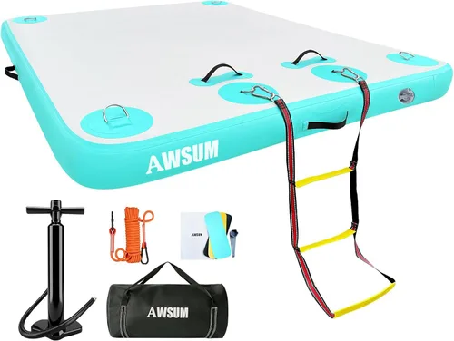 Vista 13 de AWSUM Muelle Flotante Inflable Plataforma de Aire Muelle Flotante Isla Balsa con Superficie Antideslizante para Piscina, Playa, Océano