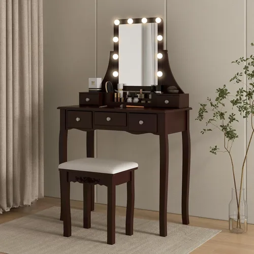Vista 58 de CHARMAID Escritorio de tocador con espejo y luces, mesa de tocador de maquillaje con 5 cajones de almacenamiento, 3 modos de iluminación