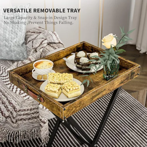 Vista 3 de Mesas plegables para TV, juego de 2 mesas auxiliares para lugares pequeños, mesas para comer aperitivos en el sofá, mesas plegables con bandeja