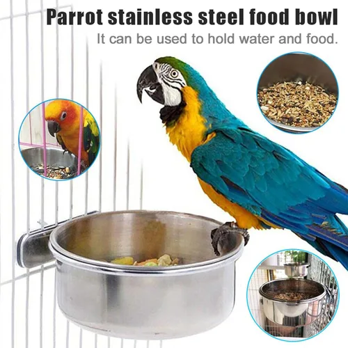 Vista 5 de PINVNBY Tazones de comida de acero inoxidable para pájaros, platos de alimentación de pájaros, cuenco de agua de loro con soporte de abrazadera