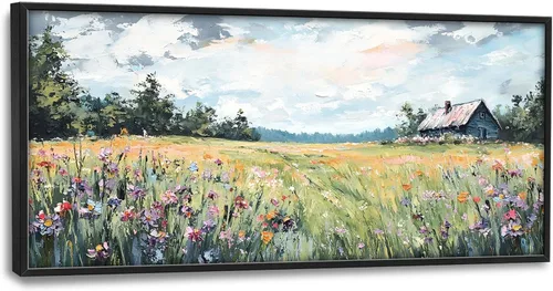 Arte de pared grande de flores rústicas enmarcado, decoración de pared de granja para sala de estar, imágenes de flores silvestres del campo,