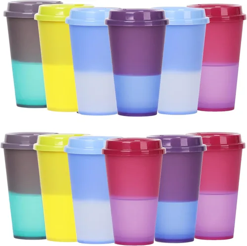 Vista 13 de Vasos que cambian de color, paquete de 5 vasos de plástico de 24 onzas, tazas reutilizables para café helado y batido con tapas y pajitas