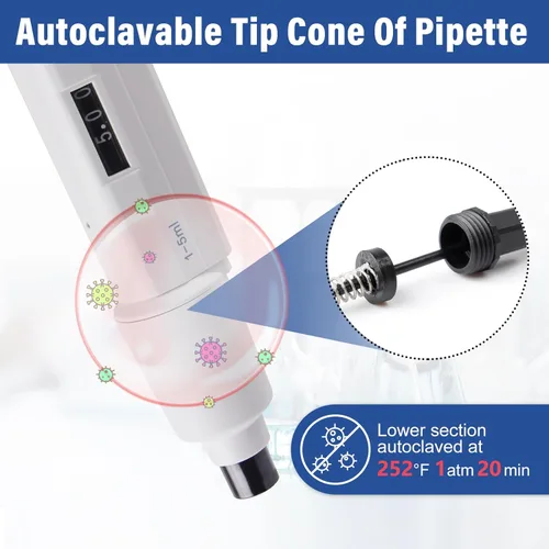 Vista 4 de Pipeta de volumen ajustable de 0.2 fl oz, micropipeta de laboratorio de un solo canal de 0.0-0.2 fl oz, micropipeta líquida manual para laboratorio
