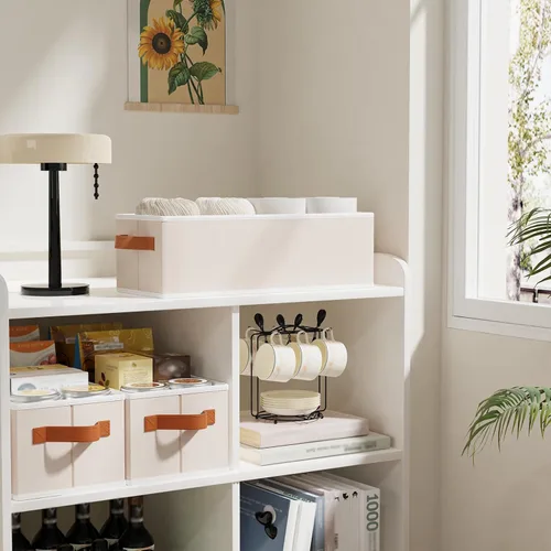 Vista 3 de Contenedor de almacenamiento, cesta plegable de lino para ropa, contenedor de almacenamiento con asas dobles para dormitorio, beige, 15 x 6 x 5