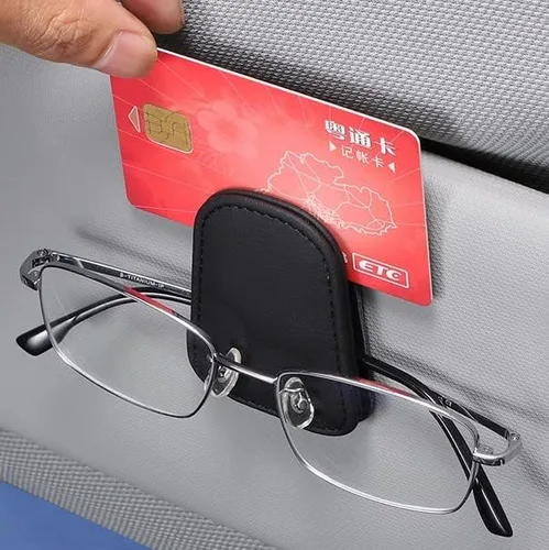 Vista 6 de Soportes para lentes de sol para visera solar de automóvil, soporte de cuero para colgar gafas, soporte magnético para lentes y clip para tarjeta