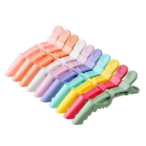 Vista 13 de Juego de 10 clips de cocodrilo de plástico transparente para peluquería, pasadores de seccionado profesional, antideslizantes, pinzas de cocodrilo
