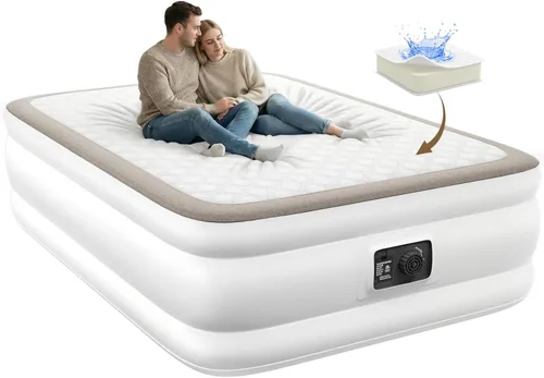 Vista 12 de YENING Colchón de aire tamaño completo con bomba incorporada, cama elevada doble inflable, cama de aire hinchable para camping eléctrico de 18 Beige
