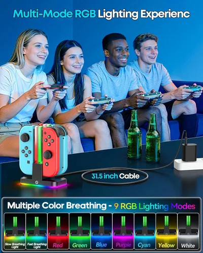 Vista 6 de Cargador controlador de interruptor para 4 Joycons con 9 modos de luz RGB, soporte de cargador Joy con indicadores LED, estación de carga