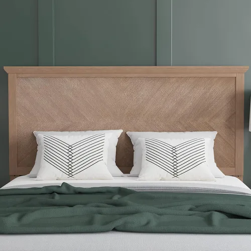 Vista 4 de EMMA + OLIVER Frenti Cabecero de madera de tamaño completo, cabecero ajustable con patrón de espiga en color marrón claro