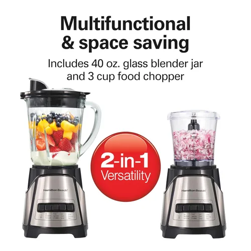 Vista 2 de Hamilton Beach Power Elite Licuadora para batidos con picadora de verduras de 3 tazas, mini procesador de alimentos, jarra de vidrio de 40 onzas, 12