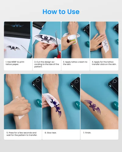 Vista 7 de Phomemo M08F - Impresora inalámbrica de plantillas de transferencia de tatuajes, color blanco con 110 piezas de papel de transferencia de tatuajes