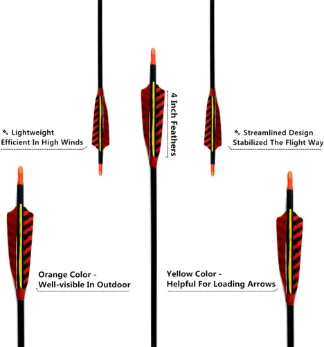 Vista 5 de Caza Tiro con arco Flechas de carbono, letszhu Target Practice Flecha 500 Spine fletched 4 inch Real Plumas con puntos de campo para Longbow Recurvo
