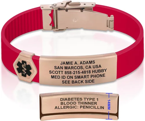 Vista 157 de Divoti Pulsera de identificación de alerta médica grabada personalizada, grabado láser de doble cara (hasta 9 líneas), pulsera de silicona ajustable