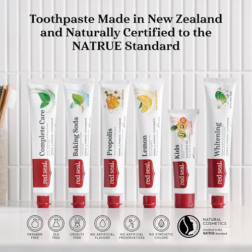 Vista 6 de Red Seal Propolis - Pasta de dientes natural a base de hierbas y minerales, menta suave, sin flúor, pasta dental orgánica, certificado NATRUE