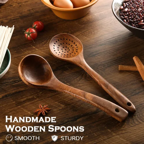 Vista 6 de Cucharas de madera para cocinar, juego de 7 piezas de utensilios de cocina de madera de teca natural, cuchara de madera, espátula, tenedor