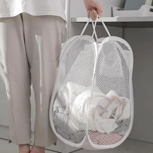 Vista 5 de Cesta de lavandería grande, con asas, cesta ligera plegable, bolsa de lavandería plegable, almacenamiento de ropa duradero, cesta de ropa alta Blanco