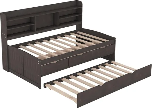 Vista 87 de Quarte Elegante cama de plataforma con estanterías en forma de L, cama de plataforma de madera tamaño individual con 2 cajones de almacenamiento